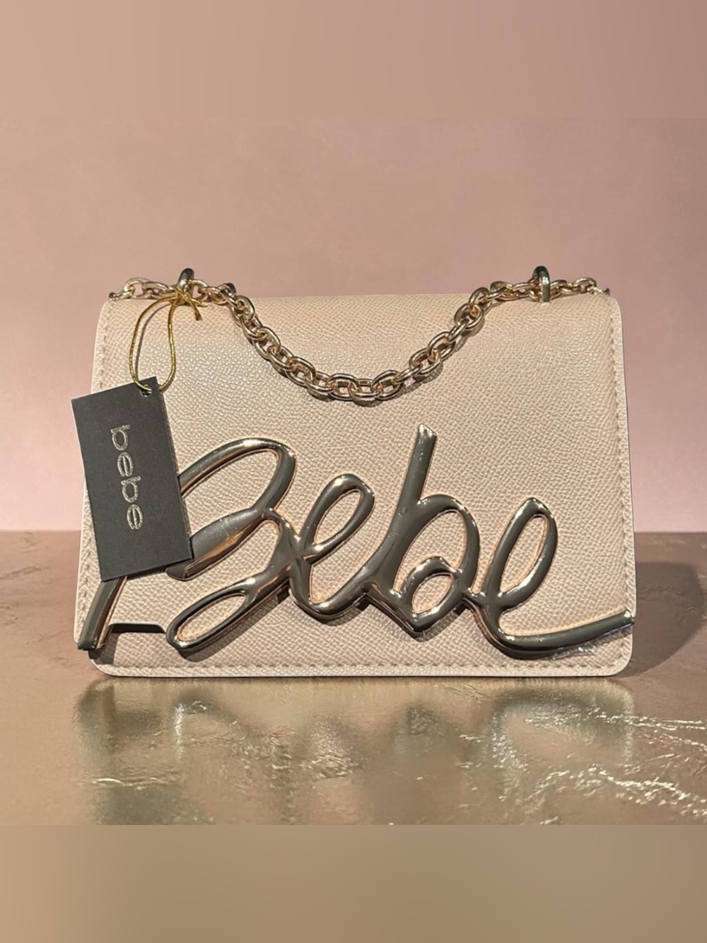 bebe Cream Shoulder Bag with Gold Script Logo Chain